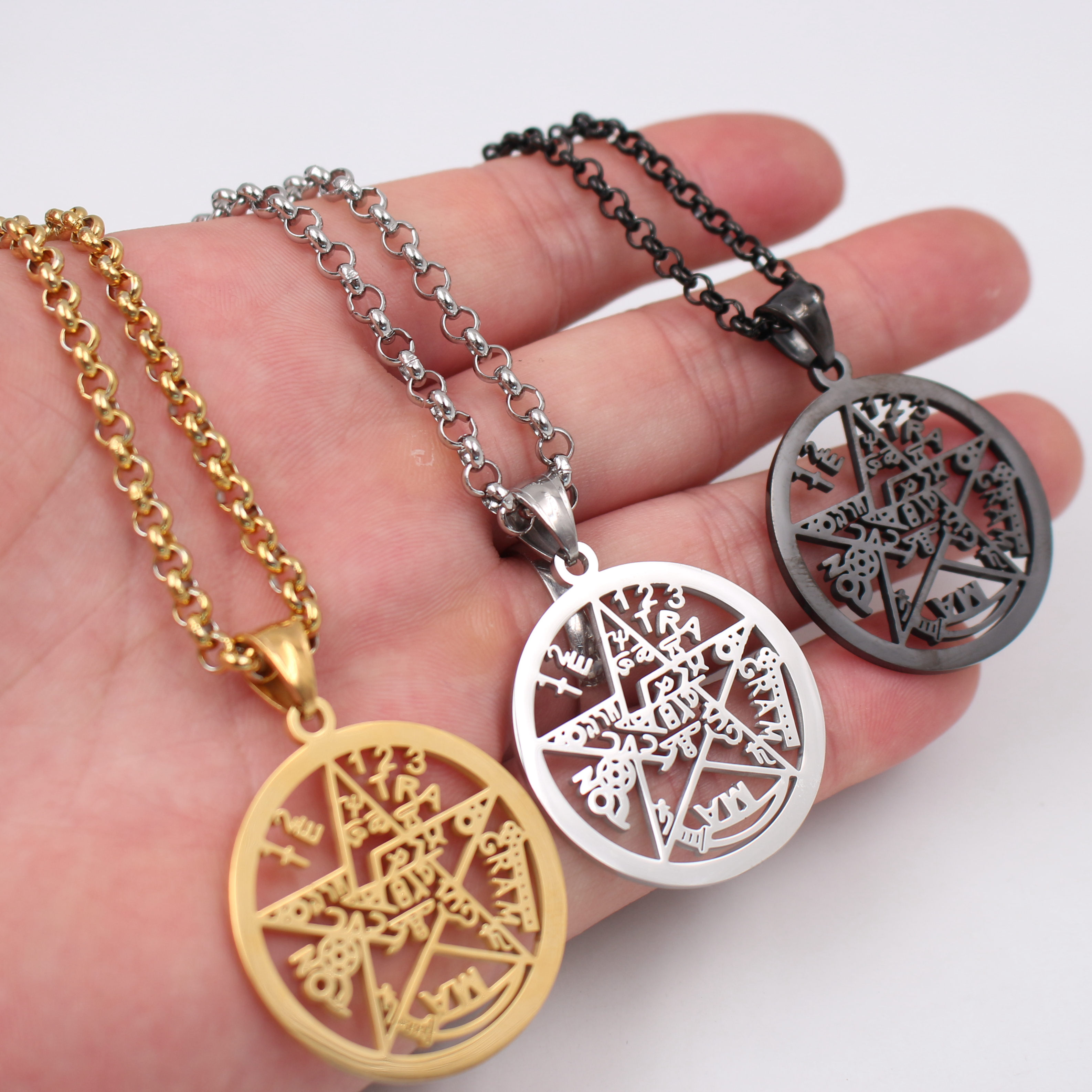 Choose Color Jewelry Stainless steel Gold silver black Religious Necklace rolo chain geometric pentagram Pendant Charms 32mm wide with chain
Choose Color Jewelry Stainless steel Gold silver black Religious Necklace rolo chain geometric pentagram Pendant Charms 32mm wide with chain