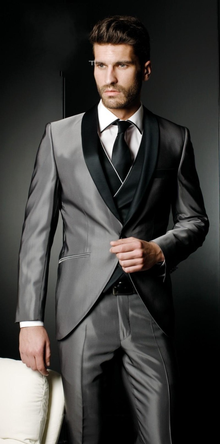 New men suit Handsome Silver Grey Tailcoat Haut Groom Tuxedos Groomsman Men's suits Prom Clothing(Jacket+pants+tie+vest)