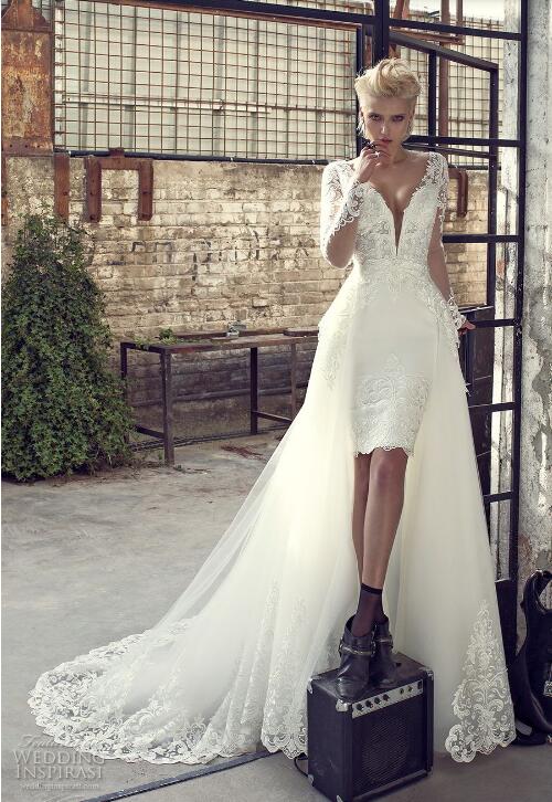 Modest Short Wedding Dress Pnina Tornai 2019 Spring Long Sleeve Sheer V Neck Lace Applique Buttons Back Bridal Gowns With Detachable Train