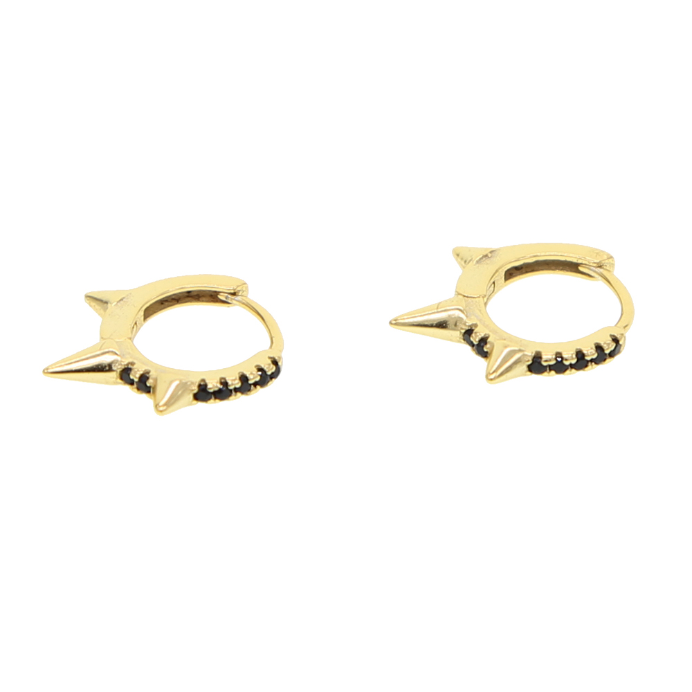 Gold plated 925 sterling silver mini hoop with three spikes paved black cz minimal small hoop earring for women