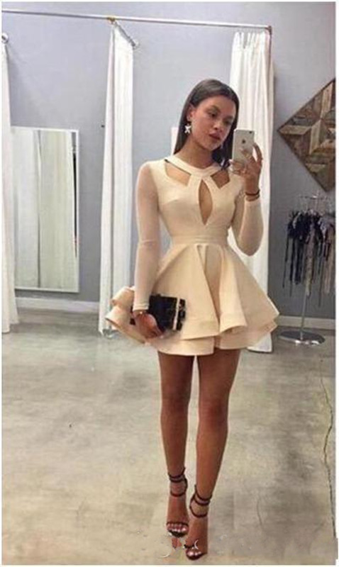 Mini Short A-Line Homecoming Dresses Custom Made Cheap Illusion Long Sleeves Cocktail Party Gowns Prom Dress