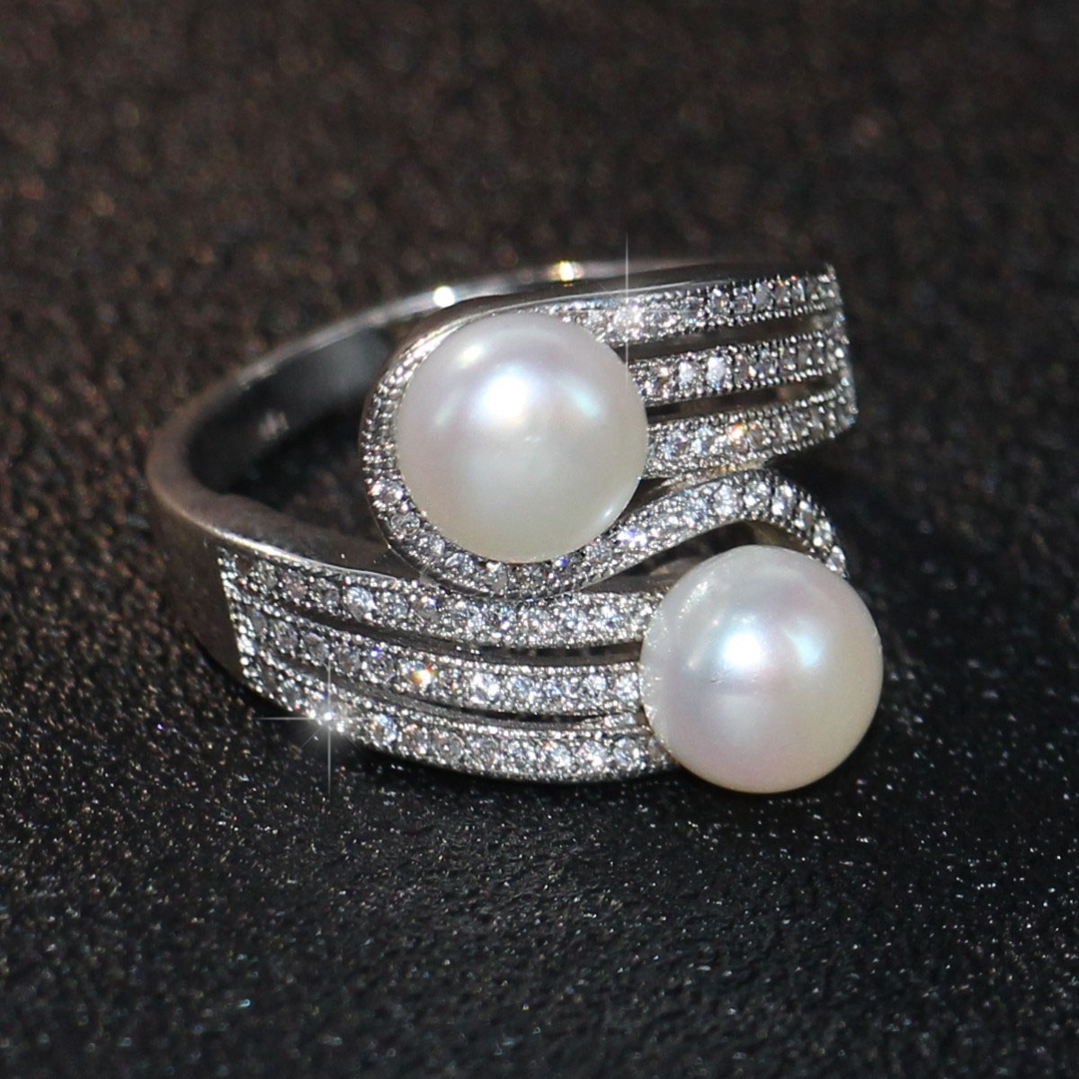 2018 New Arrival Top Selling Luxury Jewelry 925 Sterling Silver Two Pearl Pave CZ Diamond Party Office Women Band Ring For Lovers' Gift