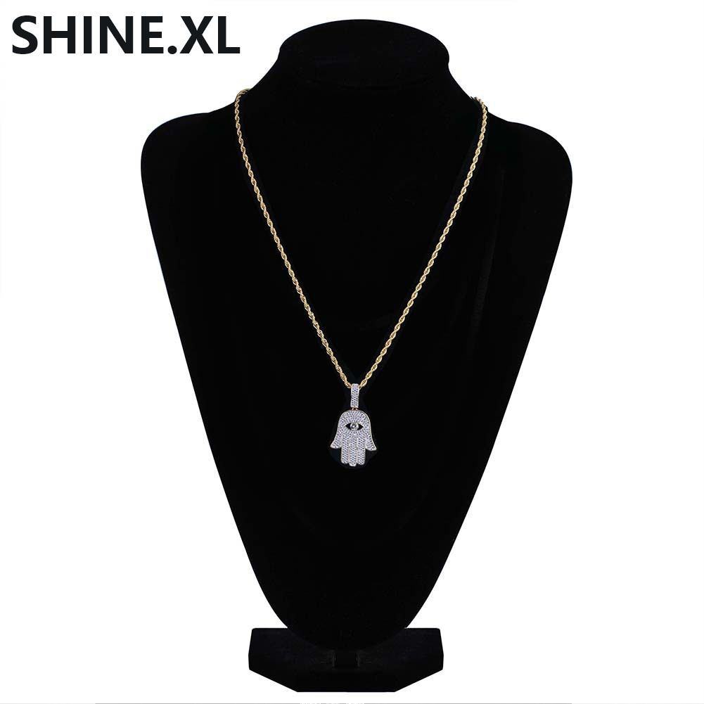 Hip Hop Evil Eye Hand Hamsa Pendant Necklace Womens Gold Color Plated Iced Out Micro Paved CZ Chain
