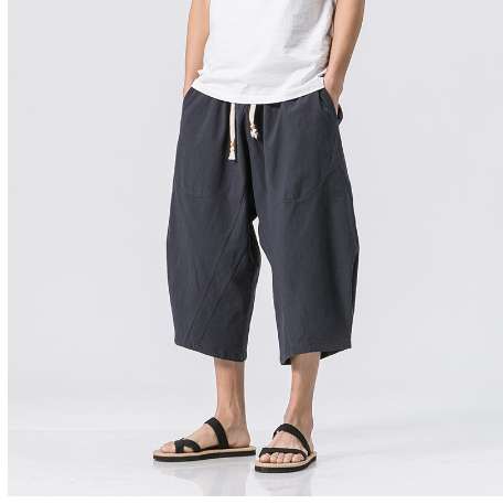 Men's Linen trousersFashion Men's Elastic Waist Wide Leg Cotton Harem Baggy mens Pants Patchwork Linen Capri Trousers