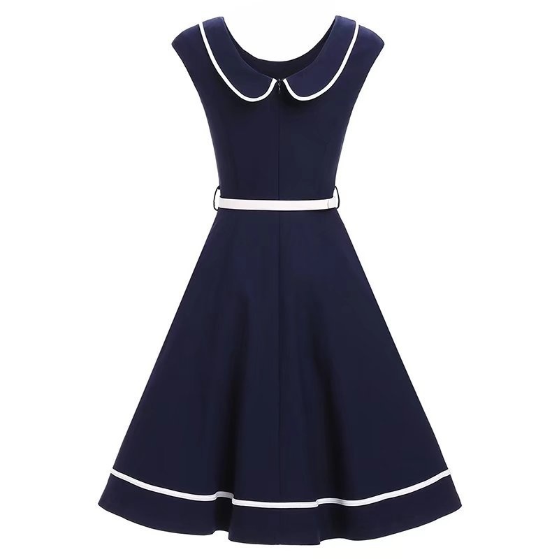 Cool Girl Audrey Hepburn Navy Blue Sleeveless Casual Midi Vintage Retro Rockabilly Dress