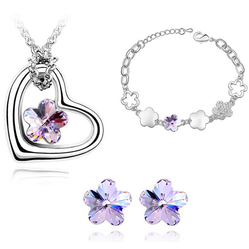 Women Fashion Jewelry Set Flowers Crystal from Swarovski Elements Heart Necklace Bracelet Earrings Party Accessories 4325, Purple 
Women Fashion Jewelry Set Flowers Crystal from Swarovski Elements Heart Necklace Bracelet Earrings Party Accessories 4325, Purple