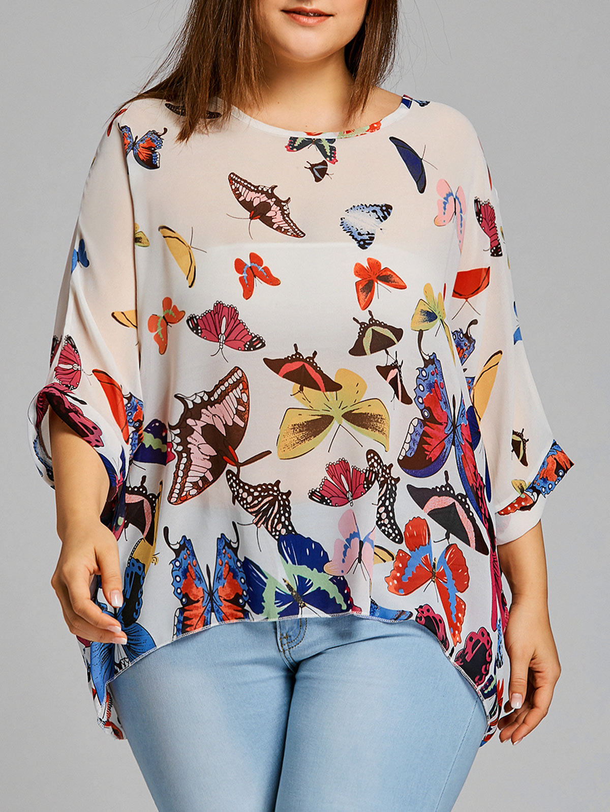 Gamiss Women Butterfly Print Plus Size Chiffon Blouse Casual Batwing Sleeve Long Blouses Shirts 2018 Fashion Tops Blusas 5XL