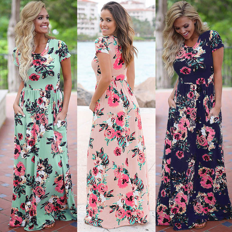 S-3XL Elegant Women Robe Summer 2018 Short Sleeve Printed Maxi Dress Fashion Sexy Boho Dress Tighten Waist Long Dress Vestidos D1891304
