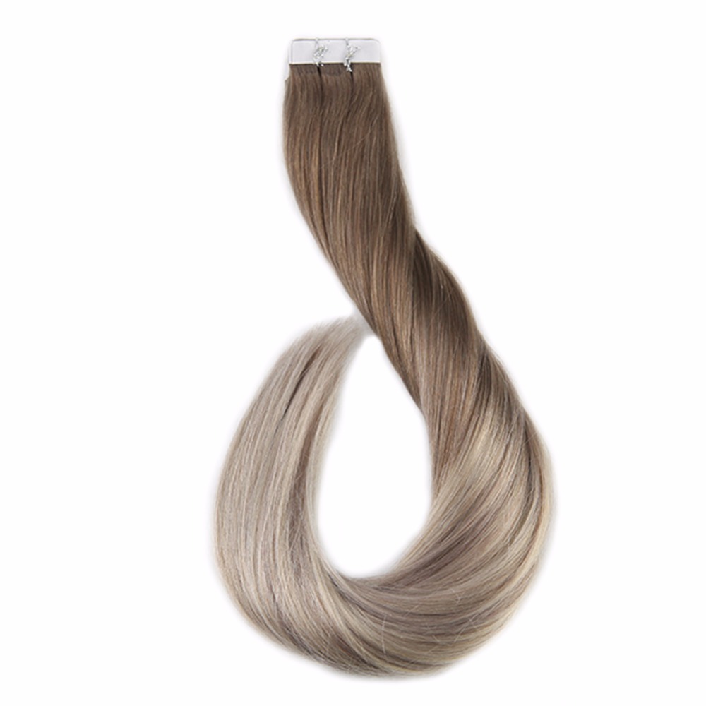 100g 40Pcs Balayage #2 #8 Silk Straight PU Hair Tape In Hair Extension 14 Inch To 24 Inch