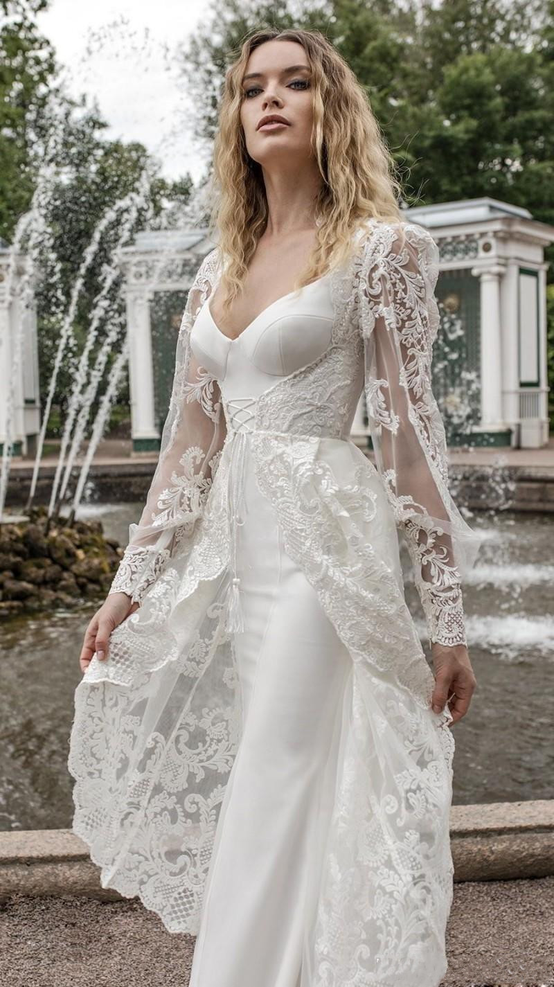 Lace Illusion Sexy Appliques Overskirts Wedding Dresses New Capped Long Sleeves Beach Bridal Gowns Plus Size Vestidos De Noiva