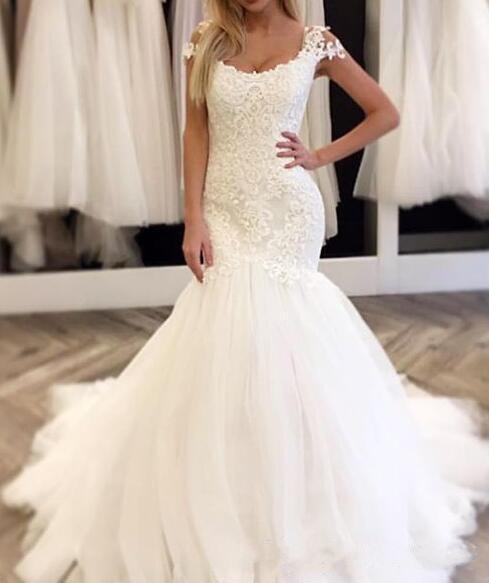 Modest Mermaid Wedding Dresses Cap Sleeve Scoop Neck Lace Tulle Sweep Train New Design Bridal Gowns Custom Size Plus Size