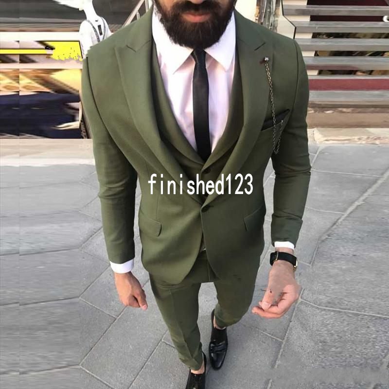New Design One Button Olive Green Wedding Groom Tuxedos Peak Lapel Groomsmen Mens Dinner Blazer Suits (Jacket+Pants+Vest+Tie) NO:1590