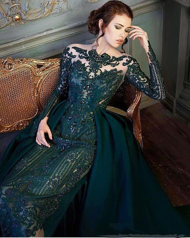 modest emerald hunter green long sleeve evening dresses with detachable train luxury lace beaded mermaid prom gowns