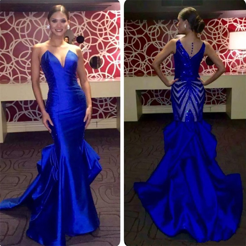 Royal Blue Satin Mermaid Evening Dresses Sleeveless Tiered Bottom Prom Gowns Sequin Beads Vestidos De Fiesta Formal Dress