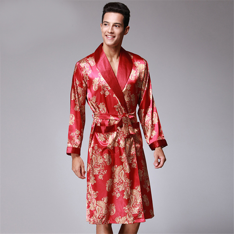 Men Robe 2018 Spring New Kimono Bathrobe Gown Faux Silk Robes Long Sleeve Home Clothes Male Sleewear Bath Geisha L XL XXL