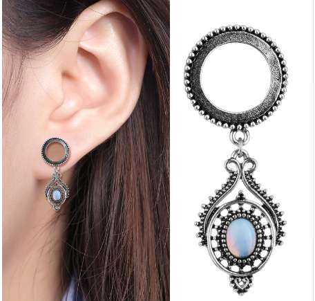 Waterdrop Opal Dangle Ear Plugs and Tunnels Stainless Steel Ear Expander Piercing Tunnels Ear Gauges Stretchers Body Jewelry