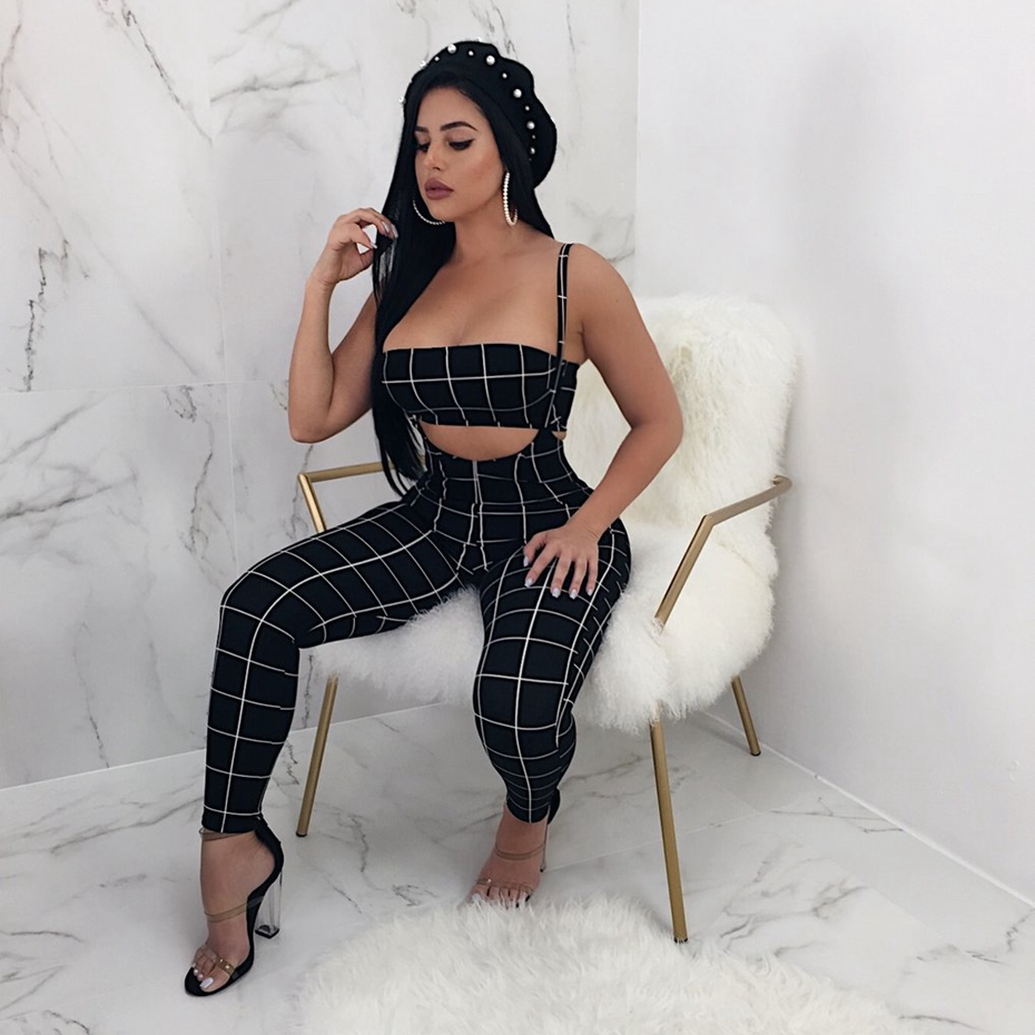 Black White Plaid Overalls: Sexy Jumpsuit 2-Piece Set For Women