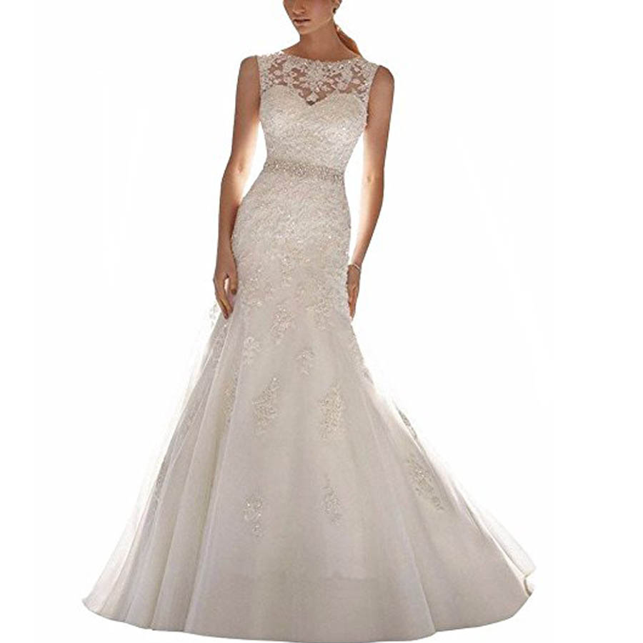 Latest Sleeveless Lace Appliques Mermaid Wedding Dress Bridal Gown Scoop Neck Court Train vestidos de novia, White
Latest Sleeveless Lace Appliques Mermaid Wedding Dress Bridal Gown Scoop Neck Court Train vestidos de novia, White