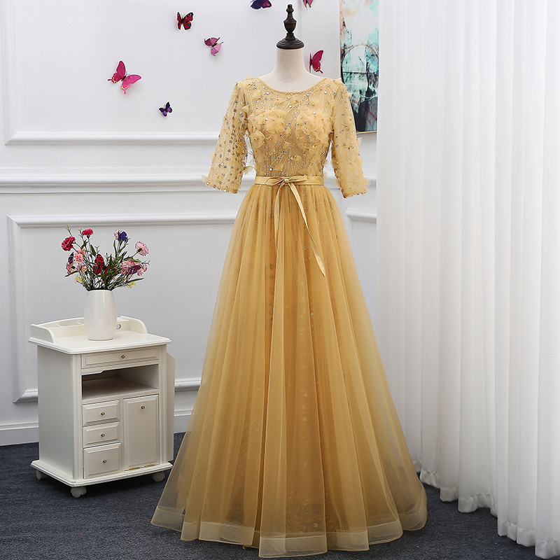 Illusion Gold Evening Dresses Scoop Three Quarter Sleeves Pleats Tulle with Applique Sequins Beads Long Prom Dresses
Illusion Gold Evening Dresses Scoop Three Quarter Sleeves Pleats Tulle with Applique Sequins Beads Long Prom Dresses
