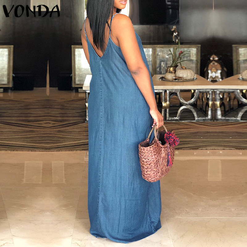 Sexy Beach Denim Maxi Long Dress 2018 Women V Neck Strapless Backless Casual Loose Solid Clothes Plus Size Floor-length Vestidos1
