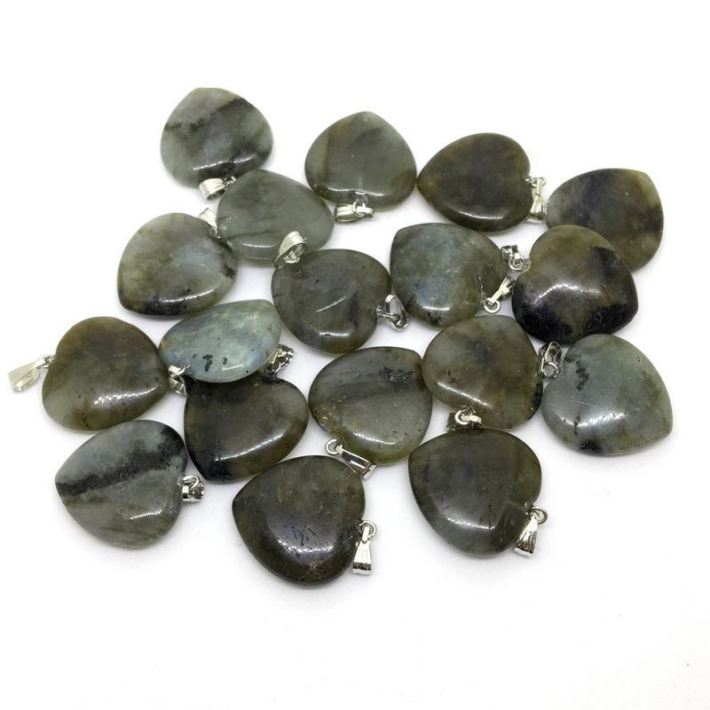 Beadztalk Natural Stone Heart Earrings Pendant Labradorite Stone Heart Charm 20mm Silver Jewelry 30 pcs a lot DIY Pendant