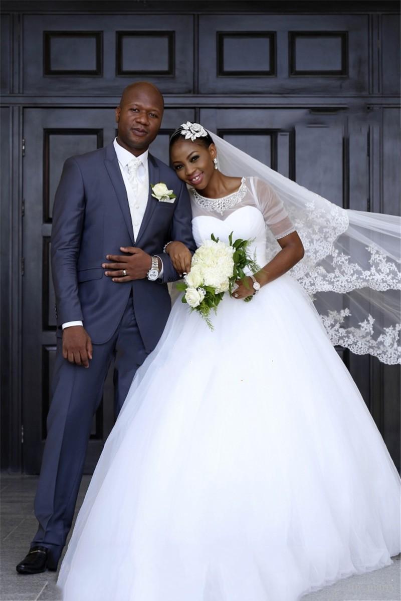 Black New African Girls Ball Gown Dresses Sleeves Sheer Neck Beaded Crystals Robe De Mariage Wedding Dress Bridal Gowns S