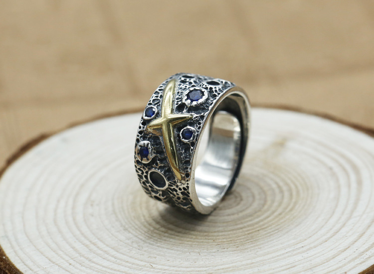 Brand new 925 sterling silver designer jewelry vintage hand-made with starry sky with cross ring adjustable open ring with stones