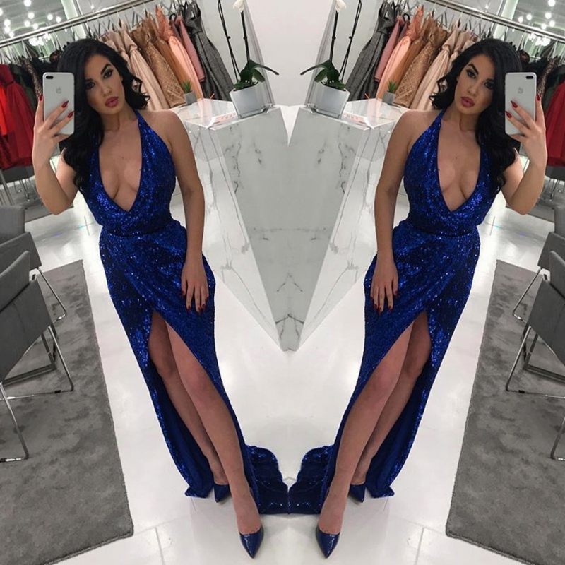 Sexy Deep V Neck Prom Dresses Royal Blue Sequined Halter Evening Gowns High Split Cocktail Formal Party Dress Cheap Gowns Custom Made, Chocolate
Sexy Deep V Neck Prom Dresses Royal Blue Sequined Halter Evening Gowns High Split Cocktail Formal Party Dress Cheap Gowns Custom Made, Chocolate