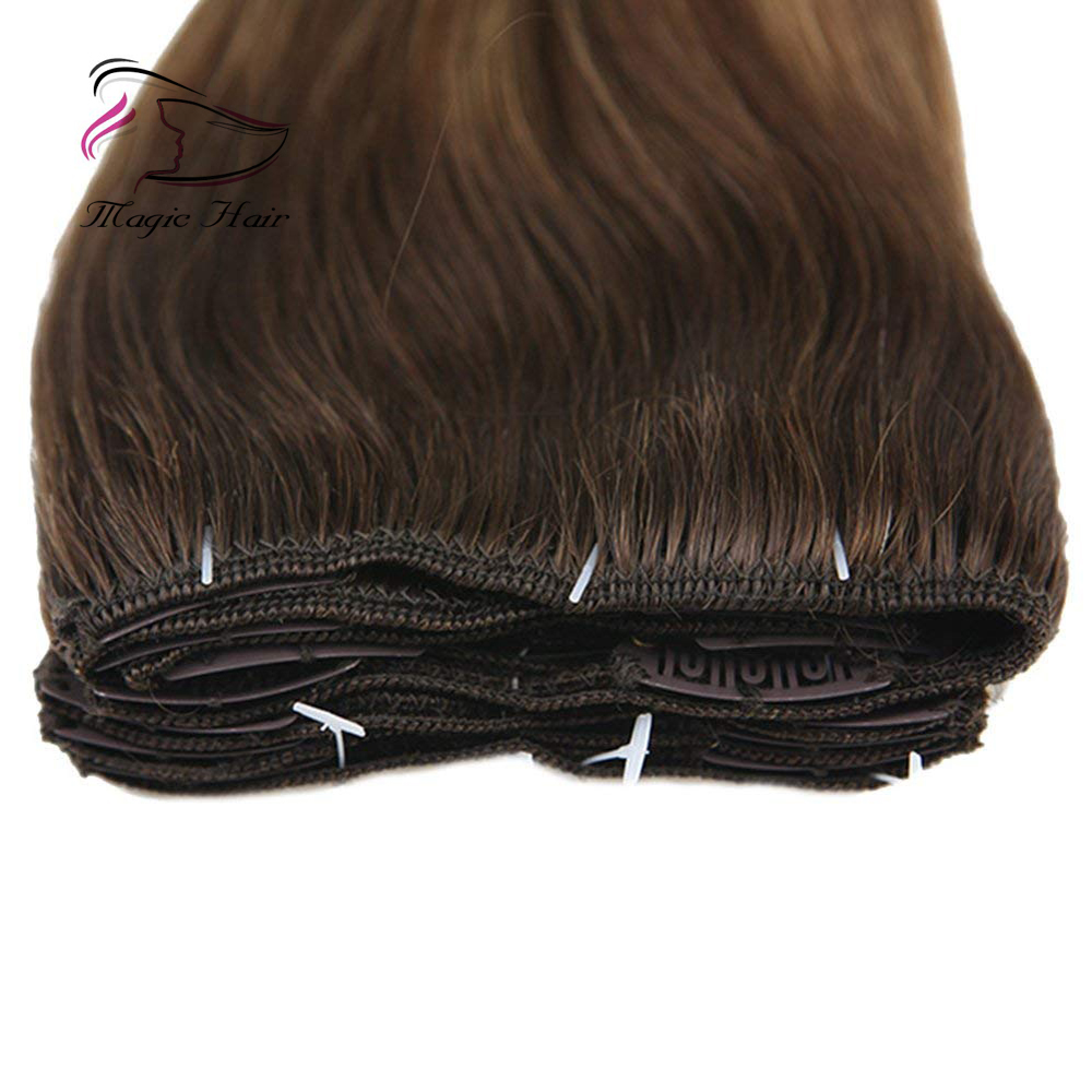 Clip in Hair Extension Human Hair Ombre #4 Dark Brown Mix #6 Medium Brown Fading to #22 Medium Blonde Full Head 7pcs/120g