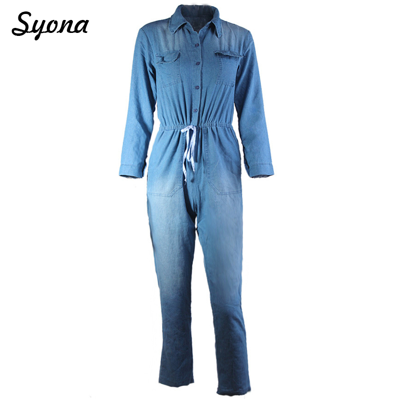 Vintage Belt JUMPSUIT Denim ROMPER Jeans Female Long Sleeve Button One Piece Overalls For WOMEN Jump Suit Autumn Plus Size XXXL