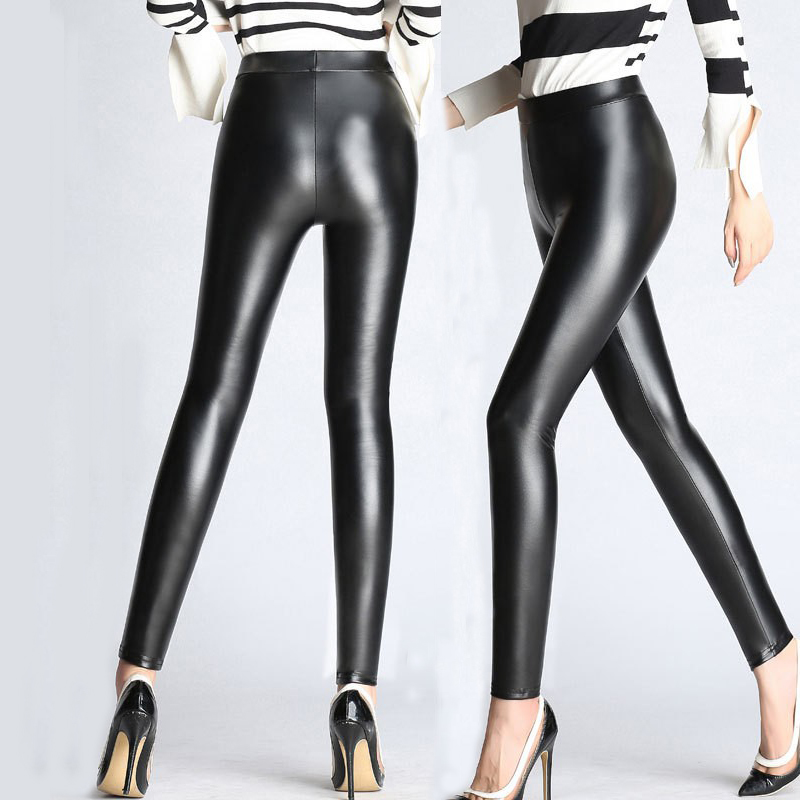 MUMEIJIAO Fashion Women PU Leather Pants High Elastic Waist Leggings Not Crack Slim Leather Leggings print Fleece Trousers