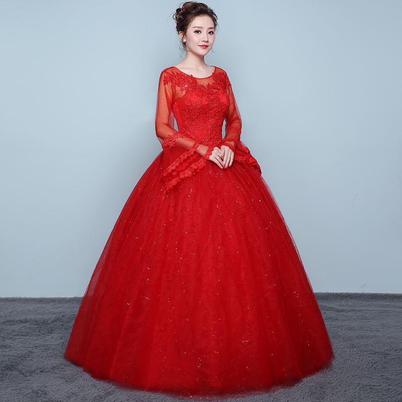New Fashion Classic Romantic Red Ball Gown Wedding Dress 2018 New Illusion Lace Long Flare sleeve Custom Plus Size Bridal Dress