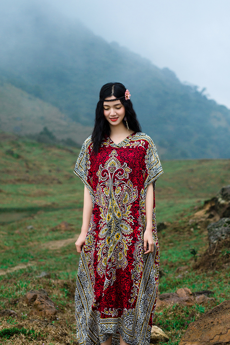 Thailand exotic style stamp Flower vacation long Dress loose large Retro art travel dress Boho Calico Floral Crochet print India Ethnic