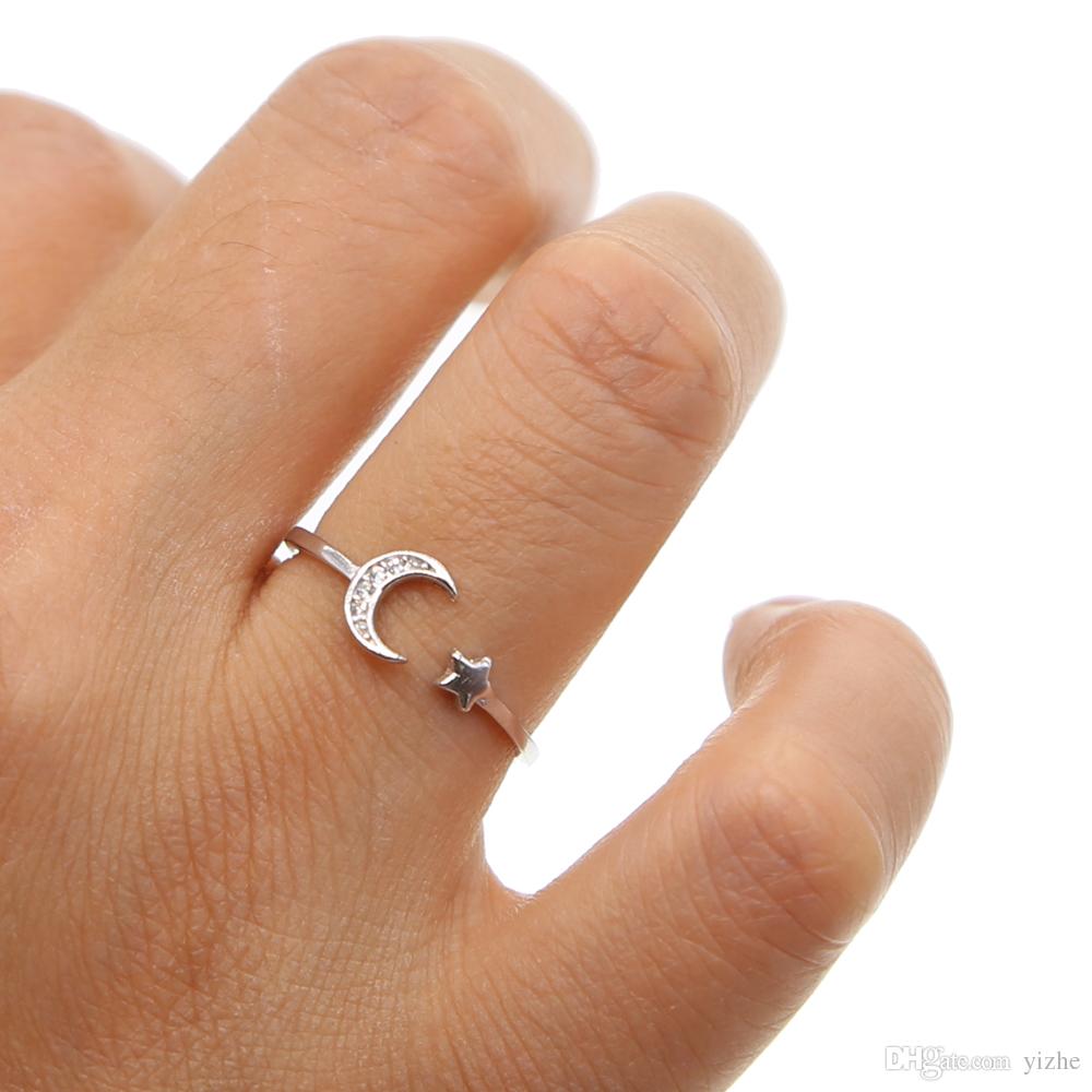 open adjusted rings moon star dainty 925 sterling silver Christmas gift girl women moon star ring 925