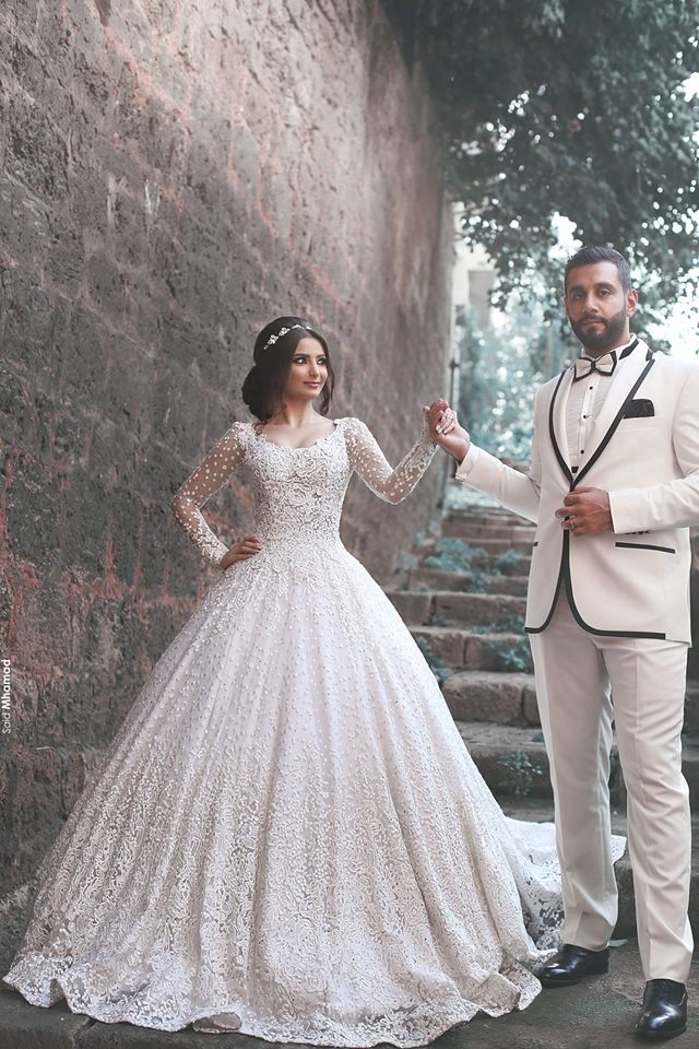 Mhamad New Said Lace Dresses Pearls Beaded Applique Long Sleeves Court Train Wedding Dress Bridal Gowns Vestido De Novia