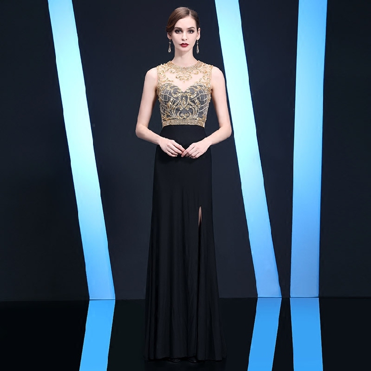 Sexy Black Evening Dress Side Split Sweep Train Spandex Sheer Neck with Gold Beads Sequins Zipper Back Prom Dress
Sexy Black Evening Dress Side Split Sweep Train Spandex Sheer Neck with Gold Beads Sequins Zipper Back Prom Dress
