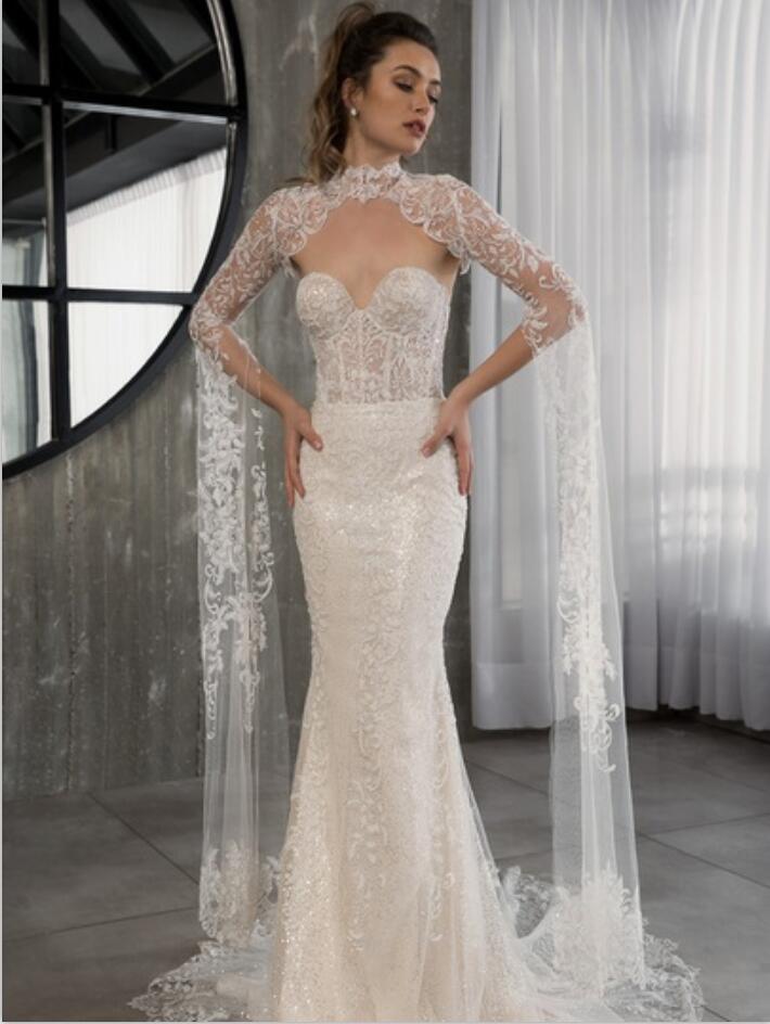 Gorgeous Mermaid Lace Wedding Dresses With Cape 2019 Sweetheart Neck Bohemian Wedding Gown Appliqued Plus Size Bridal Vestidos De Nnovia