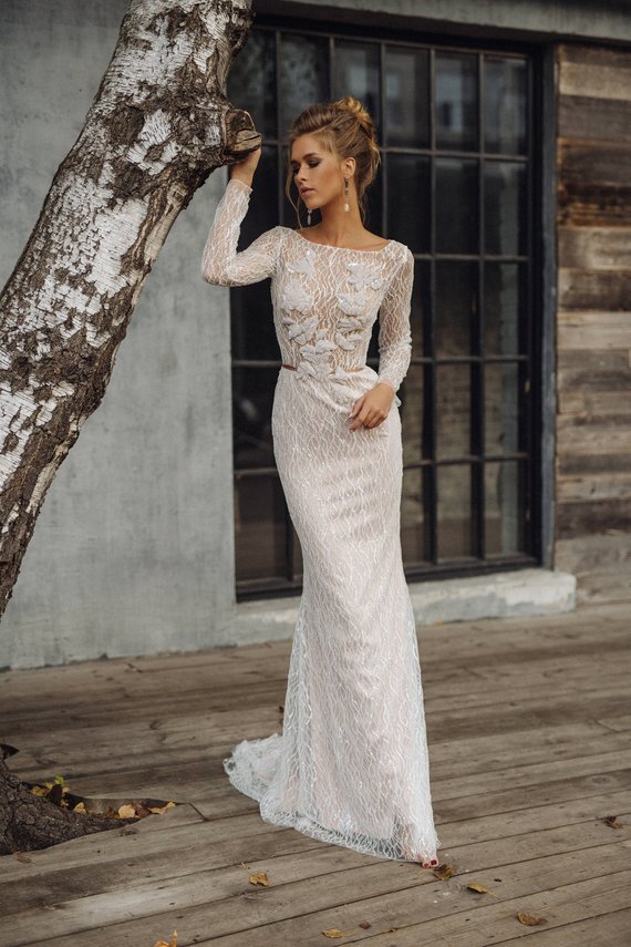 Vintage Boho Mermaid Dresses Bateau Neck Backless Lace Bridal Gowns Sweep Train Long Sleeve Sequined Wedding Dress Plus Size