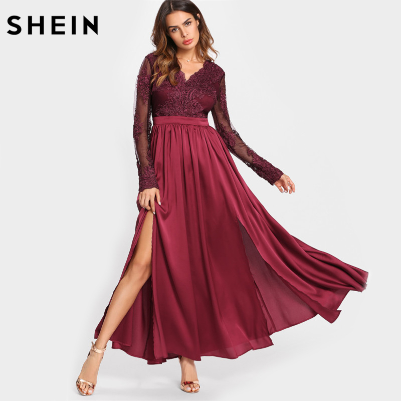 

SHEIN A Line Party Dress Burgundy M-Slit Front Mixed Media Swing Dress V Neck Long Sleeve Fit and Flare High Waist Maxi