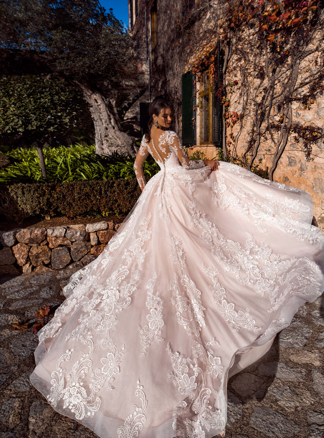A e Beach Dresses V Neck Lace Long Sleeves Blush Pink Tulle Custom Made Country Bridal Gowns Plus Size Wedding Dress