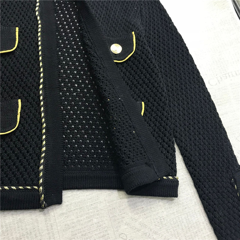 New design womens autumn o-neck long sleeve British style gold buttons patchwork hollow out knitted sweater cardigan coat short casacos