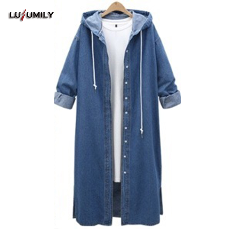 Lusumily Denim Trench Coat For Women Plus Size L-4xl Hooded Slim Female Coat Side Vents Long Trench Windbreaker Outerwear от DHgate WW