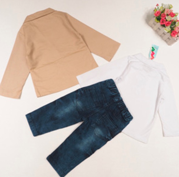 Kids Clothing Boys Clothing Set Casual Children Boy Gentleman Suit Jacket+T-shirt+Denim Jean Pants 3pcs Clothing Sets