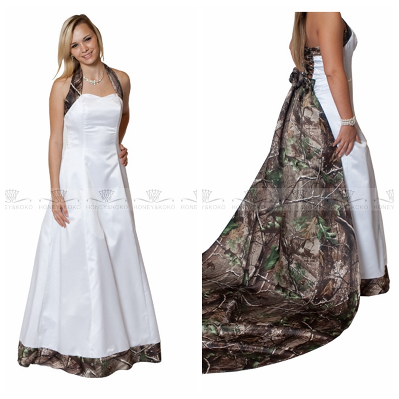 Halter Camo A-Line Wedding Dresses With Detachable Train Bridal Gowns Lace Up Back 2018 Camouflage Real Tree Satin Bridal Wear, Same as image
Halter Camo A-Line Wedding Dresses With Detachable Train Bridal Gowns Lace Up Back 2018 Camouflage Real Tree Satin Bridal Wear, Same as image