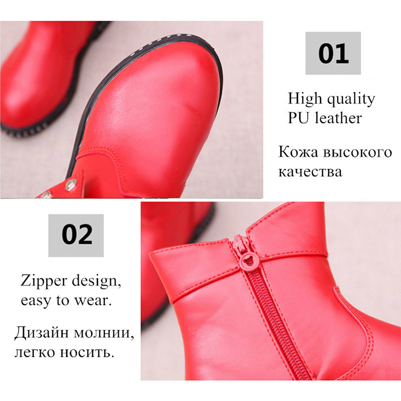 Girls Boots Autumn PU Leather Rubber Boot Fashion Round Toe Zip Bow Tie Princess Shoe Children Kids Winter Rubber Boot Shoes For Girl