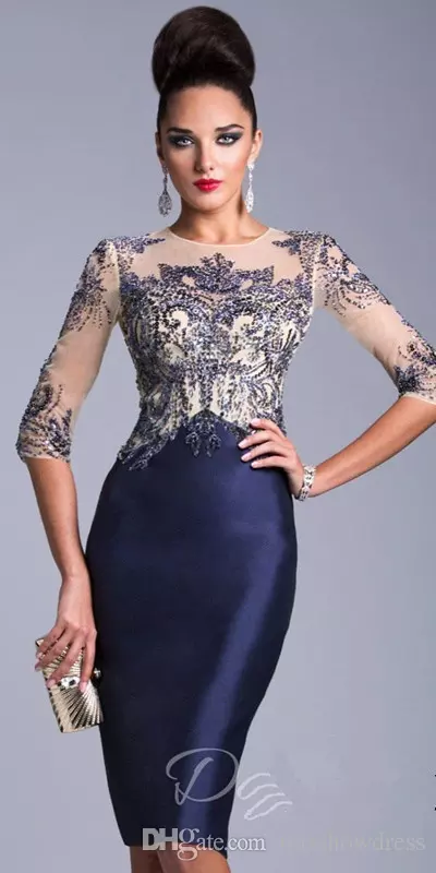 Elegant Lace Mother Of The Bride Dresses Half Sleeve Jewel Neck Plus Size Wedding Guest Dress Knee Length Beaded Formal Evening Gowns