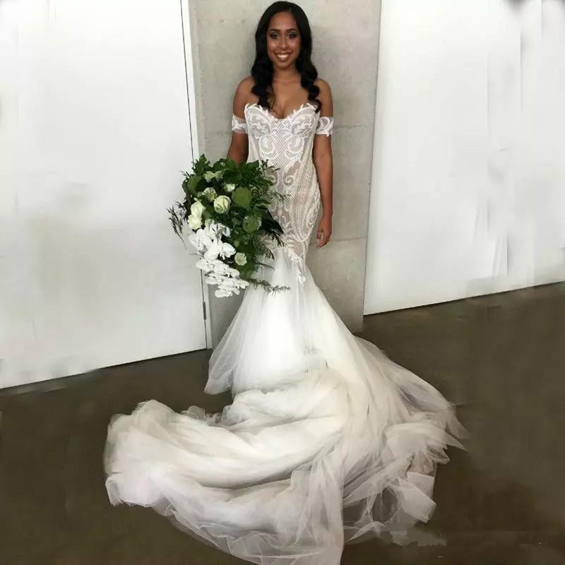 mermaid beach wedding dresses off the shoulder plus size wedding dress chapel train hot sale lace appliqued bridal gown
