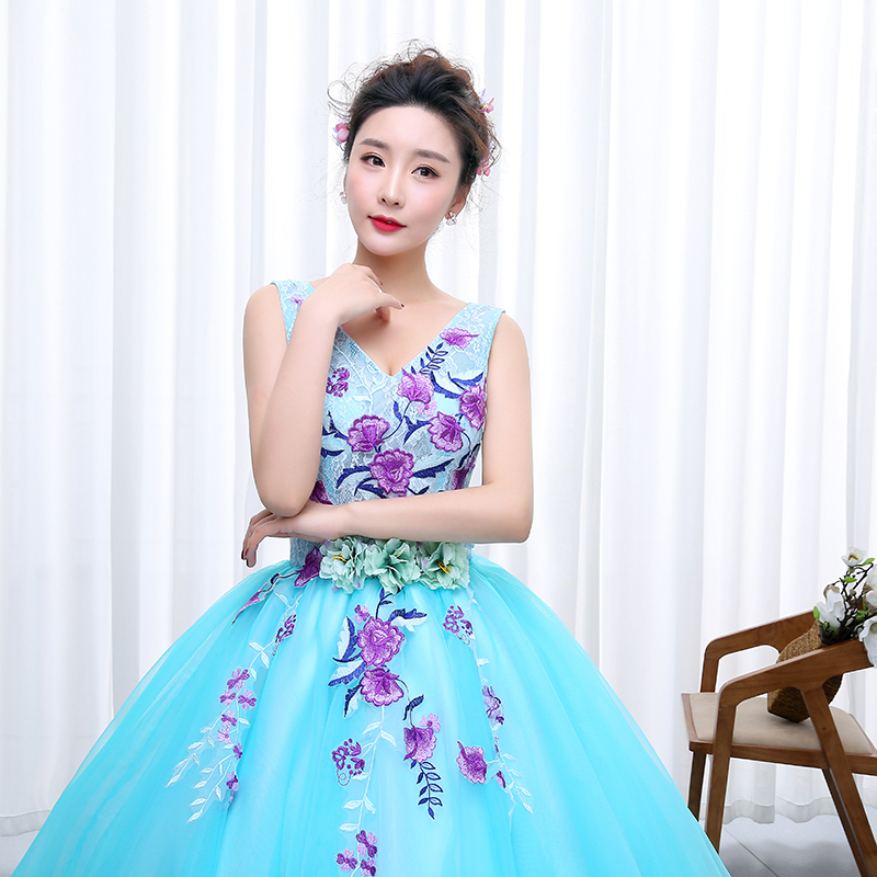 OPZC Color yarn Princess Blue New Wedding Dress 2018 Sexy V Neck for Party Chorus host Fleabane Bitter Stage Studio Photo