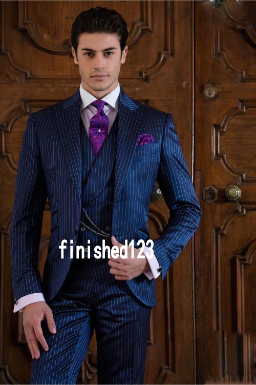 Custom Design Two Buttons Blue Strips Wedding Groom Tuxedos Peak Lapel Groomsmen Mens Dinner Blazer Suits (Jacket+Pants+Vest+Tie) NO:1554