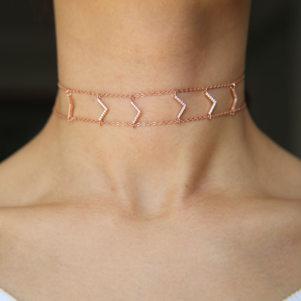 CZ v Charm double chain choker chevron women 925 sterling silver fashion collarbone chocker necklace